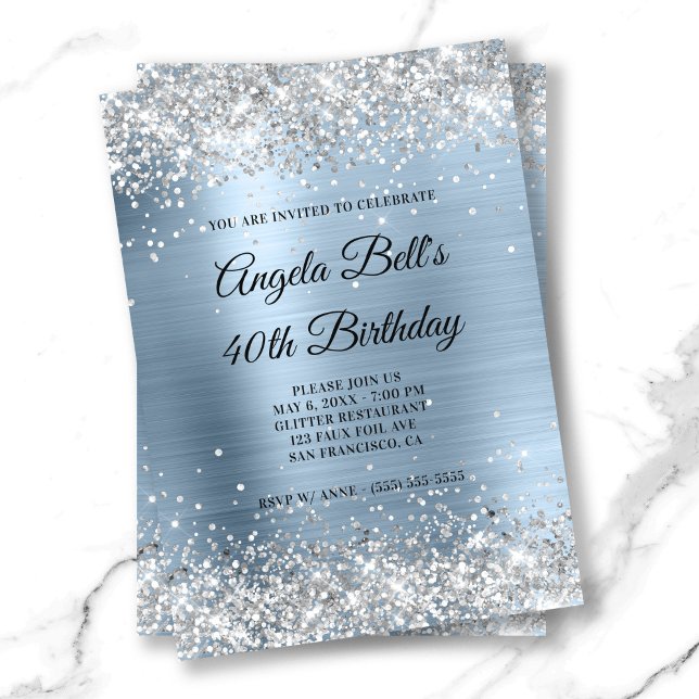 Imitate Shiny Silver Glitzer Pale Blue Foil Monogr Einladung (Faux Shiny Silver Glitter Pale Blue Foil Monogram Invitation)