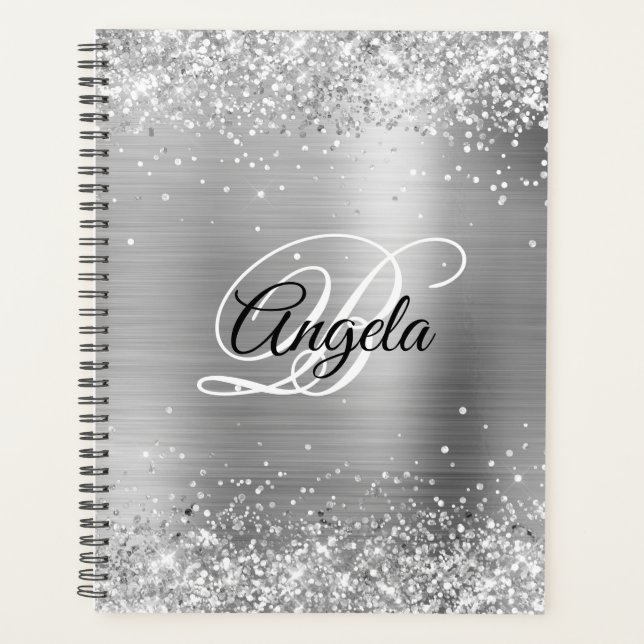 Imitate Shiny Silver Glitzer Pinselmetall Monogram Planer (Vorderseite)