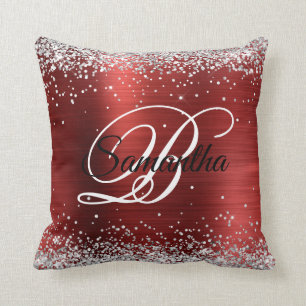 Imitate Shiny Silver Glitzer Red Foil Monogramm Kissen