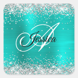 Imitate Shiny Silver Glitzer Türkis Foil Monogramm Quadratischer Aufkleber