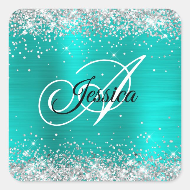 Imitate Shiny Silver Glitzer Türkis Foil Monogramm Quadratischer Aufkleber (Vorderseite)