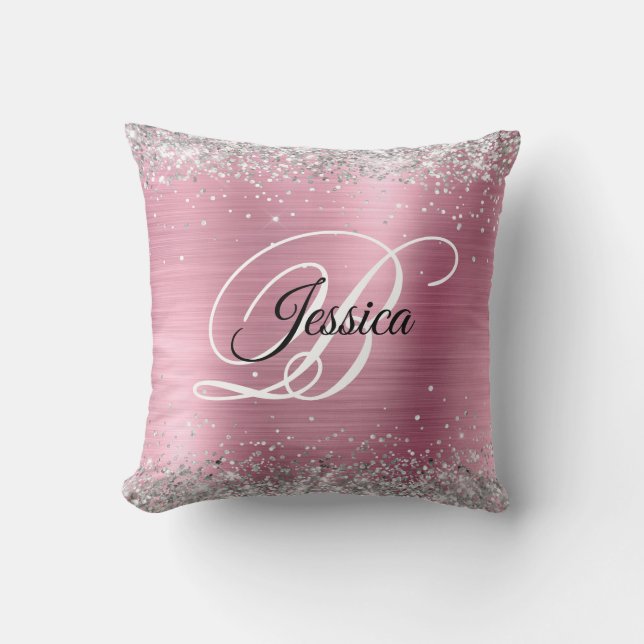 Imitate Shiny Silver Glitzer und Rosa Foil Monogra Kissen (Vorderseite)