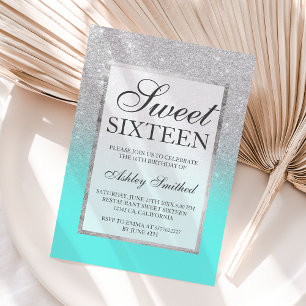 Imitate Silber Glitzer aquamarin schick Sweet 16 Einladung