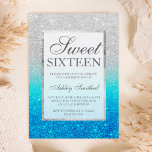 Imitate silber Glitzer blau aquamarin Sweet 16 Einladung<br><div class="desc">Moderne,  hübsche schicke und elegante Imitate silberne Glitzer Dusche ombre mit aquamarinen Ozean blauen Glitzer ombre Farbe Block Sweet 16 Geburtstagsfeier Einladung.</div>