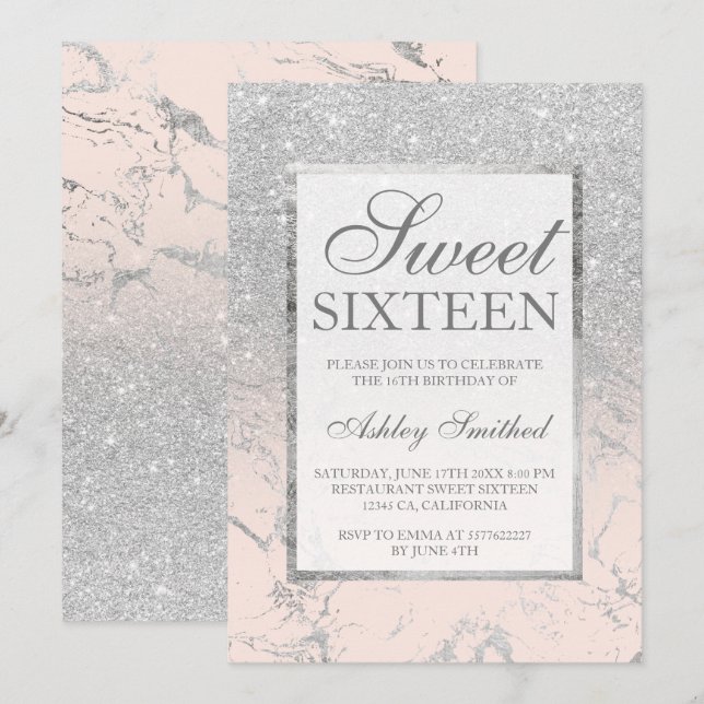 Imitate silber Glitzer rosa Marmor elegant Sweet 1 Einladung (Vorne/Hinten)