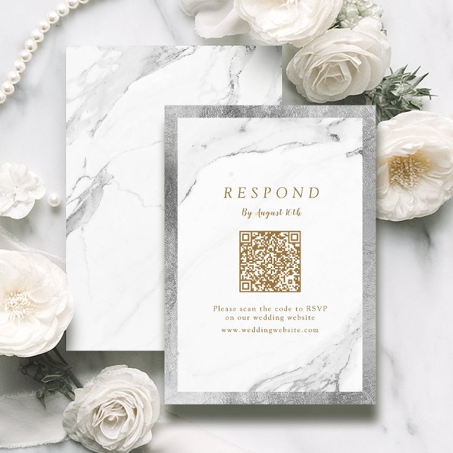 Imitate silberner Marmor Luxus moderne Hochzeit QR RSVP Karte (Faux silver marble luxury modern wedding QR code RSVP Card)