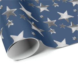 Imitate Silver Christmas Stars Pattern Navy Blau Geschenkpapier