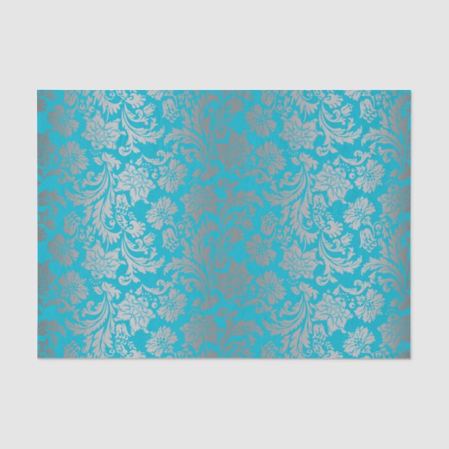 Imitate Silver Floral Damaskus Blue Background Seidenpapier (Vorderseite)