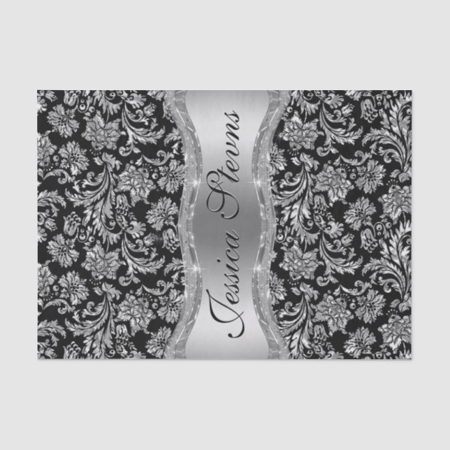 Imitate Silver Floral Damaskus Schwarzer Hintergru Seidenpapier (Vorderseite)