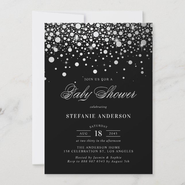 Imitate Silver Foil Confetti Dots Black Baby Dusch Einladung (Vorderseite)