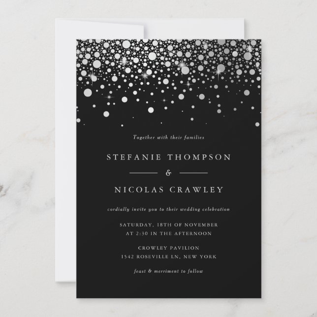 Imitate Silver Foil Confetti Dots Black Wedding Einladung (Vorderseite)
