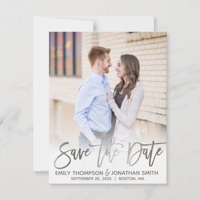 Imitate Silver Foil Script Foto Save the Date Kart (Vorderseite)