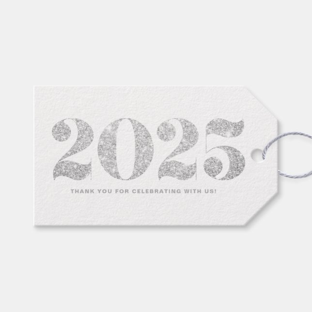 Imitate Silver Glitzer 2024 Typografie glücklich N Geschenkanhänger (Vorderseite (Horizontal))