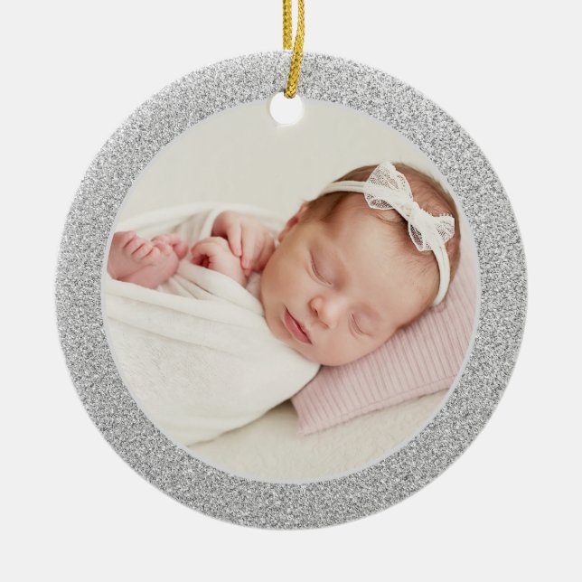 Imitate Silver Glitzer Baby's First Christmas Foto Keramik Ornament (Vorne)