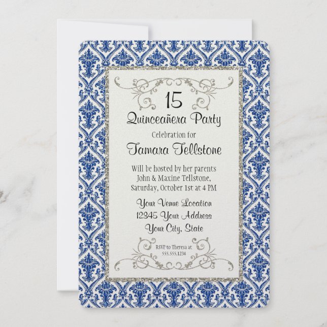 Imitate Silver Glitzer Damask Quinceanera Party Einladung (Vorderseite)