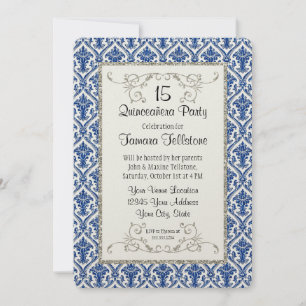 Imitate Silver Glitzer Damask Quinceanera Party Einladung
