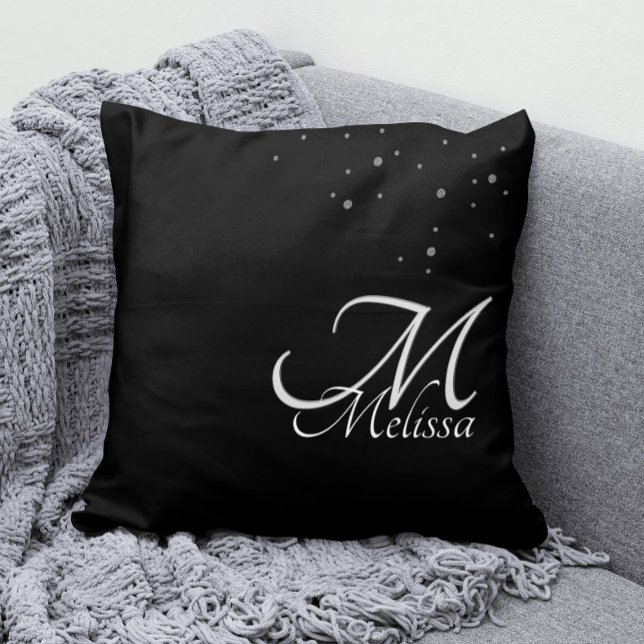 Imitate Silver Glitzer Embossed Silver Monogram Bl Kissen (Silver Monogram Pillow with Your Name and Faux Silver Glitter Confetti)