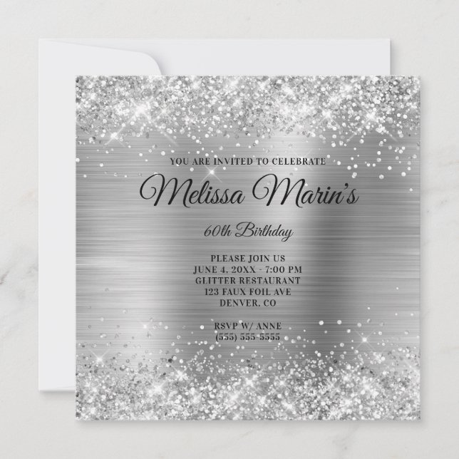 Imitate Silver Glitzer Foil Monogram 60. Geburtsta Einladung (Vorderseite)