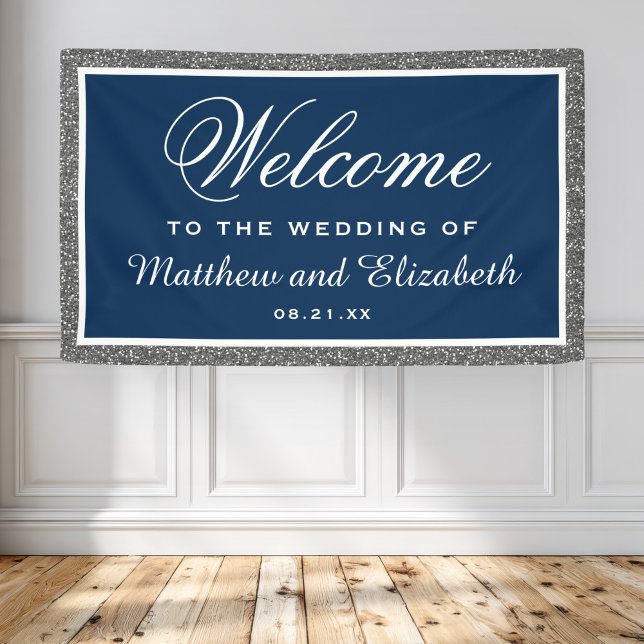 Imitate Silver Glitzer Navy Blue Wedding Willkomme Banner (Von Creator hochgeladen)