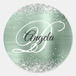 Imitate Silver Glitzer Pale Minze Foil Monogramm Runder Aufkleber