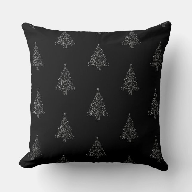 Imitate Silver Gray Weihnachtsbaum Muster Schwarz Kissen (Vorderseite)