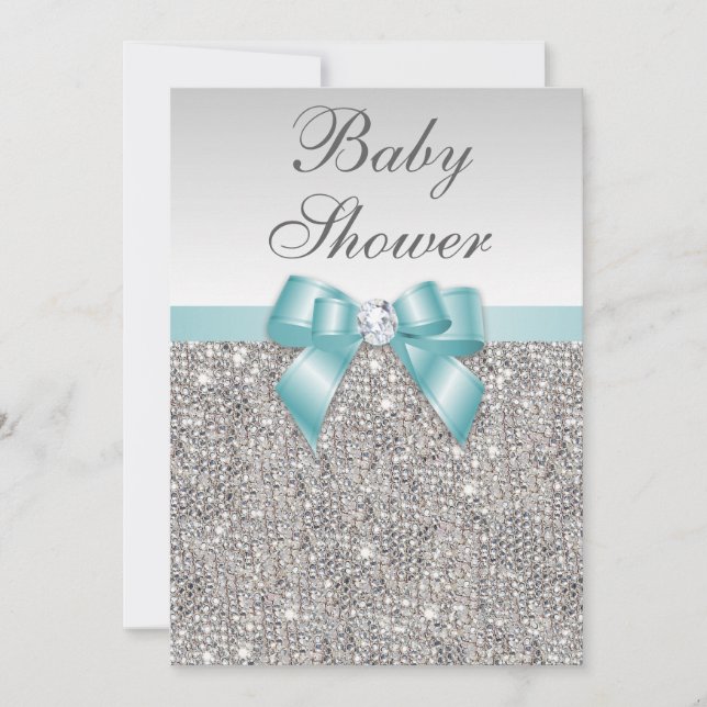Imitate Silver Sequins Aquamarin Blue Baby Dusche Einladung (Vorderseite)
