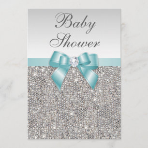 Imitate Silver Sequins Aquamarin Blue Baby Dusche Einladung