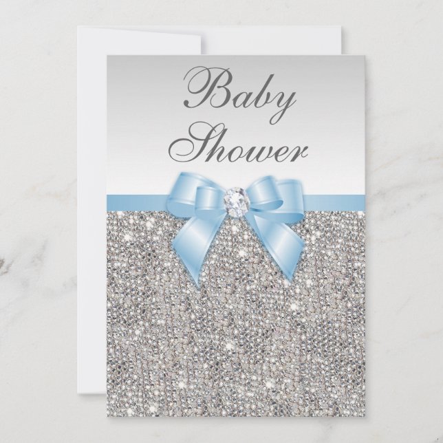 Imitate Silver Sequins Baby Blue Baby Dusche Einladung (Vorderseite)