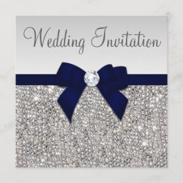 Imitate Silver Sequins Diamonds Dark Navy Bow Hoch Einladung