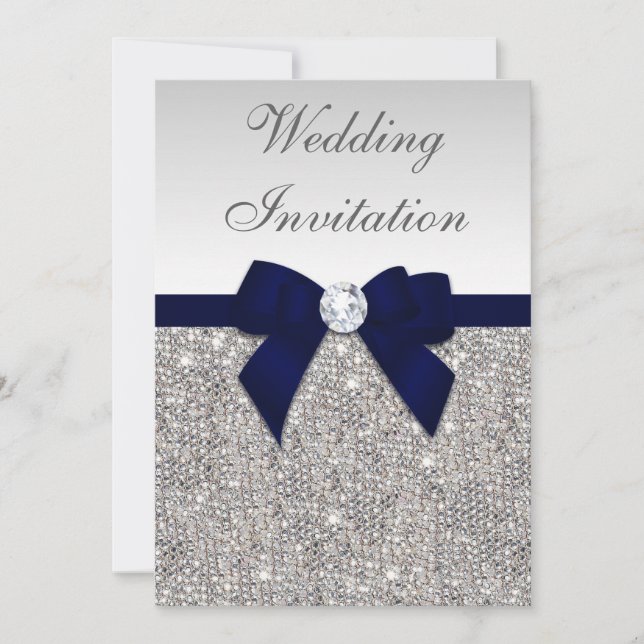 Imitate Silver Sequins Diamonds Navy Bow Hochzeit Einladung (Vorderseite)