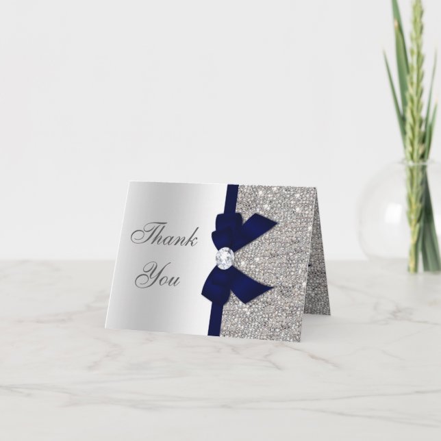 Imitate Silver Sequins Navy Diamond Bow Vielen Dan Dankeskarte (Vorderseite)