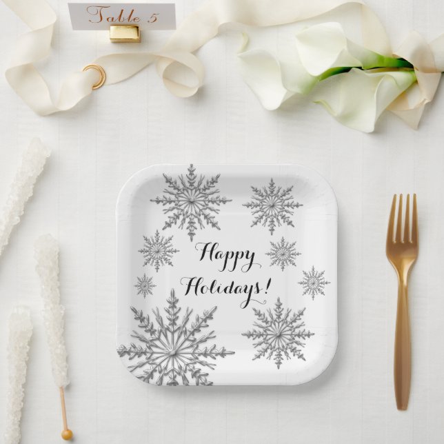 Imitate Silver Winter Snowflake Happy Holidays Pappteller (Hochzeit)