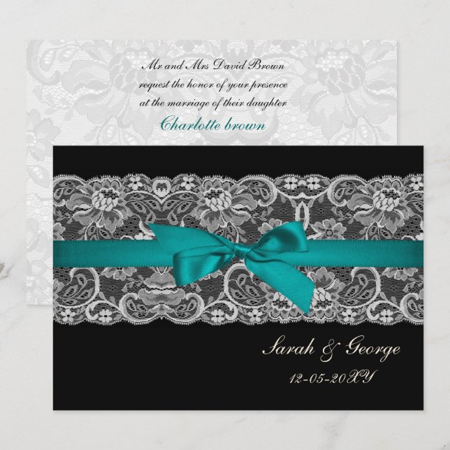 Imitate Spitzen und Band Aqua , Schwarze Hochzeit  Einladung (Vorne/Hinten)