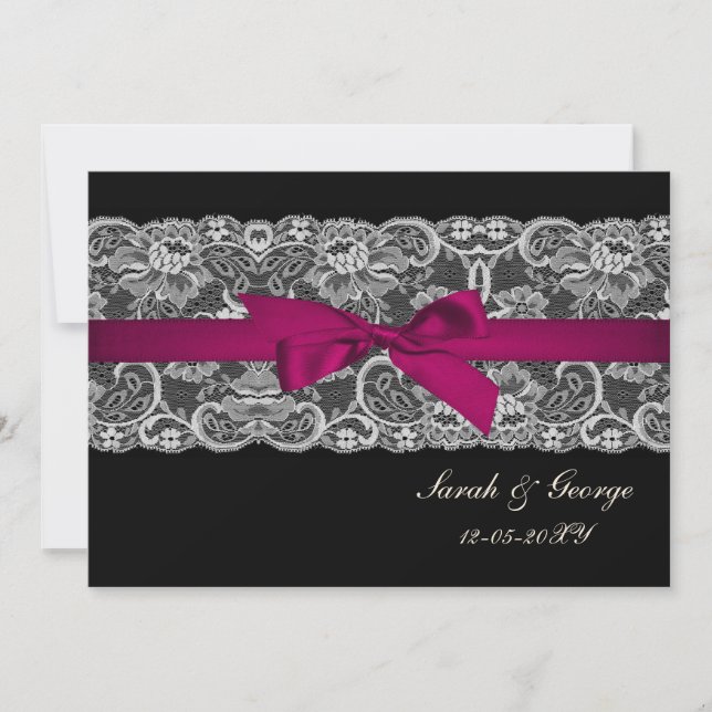 Imitate Spitzen und Band rosa , schwarze Hochzeit  Einladung (Vorderseite)