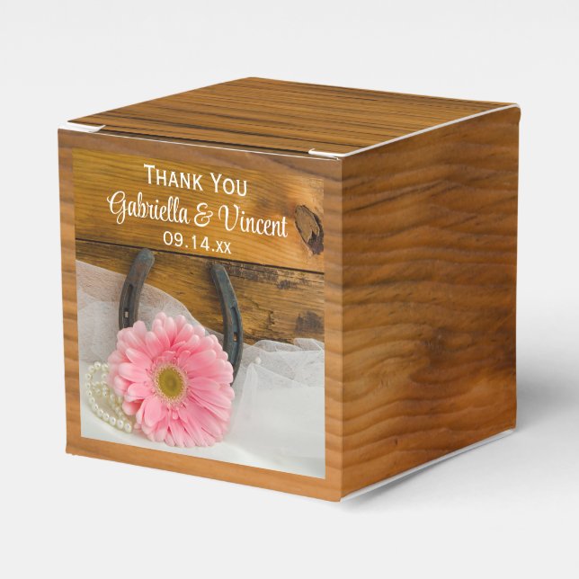 Imitate Stallholz Pink Daisy und Horseshoe Wedding Geschenkschachtel (Vorderseite)
