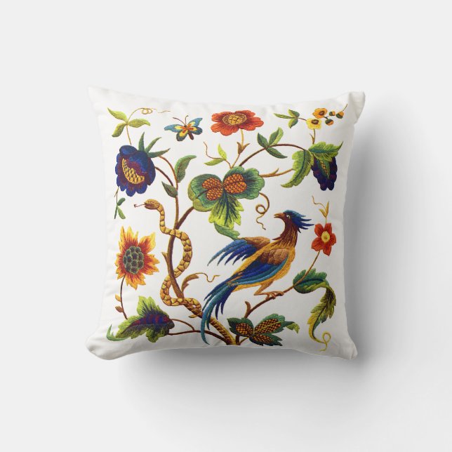 Imitate Stickerei - Paradiesvogel Crewel Design Kissen (Vorderseite)