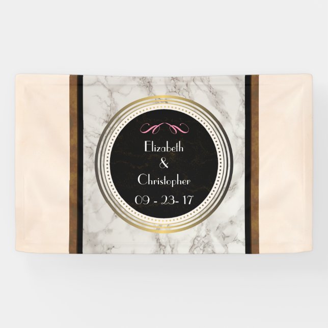 Imitate Taupe Marmor mit Schwarz und Gold Hochzeit Banner (Horizontal)