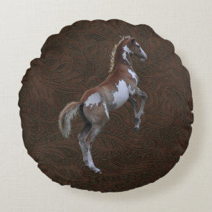 Imitate Tooled Leather & Indian Paint Pinto Colt Rundes Kissen