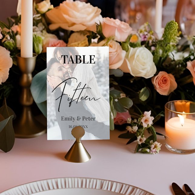 Imitate Vellum Foto Hochzeit 15 Tischnummern (Faux Vellum Photo Wedding Fifteen Table Number)