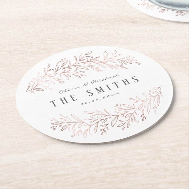 Imitate vergoldete Rose Gold botanische Hochzeit Runder Pappuntersetzer (Angewinkelt)