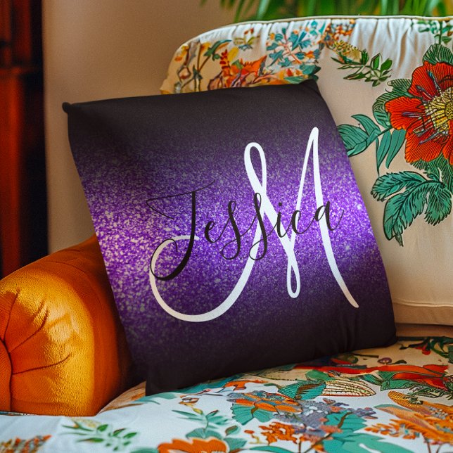 Imitate Violet Glitzer Black Ombre Monogram Kissen (Faux Violet Glitter Black Ombre Monogram Throw Pillow)