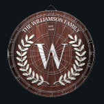 Imitate Walnuss Holzkörner Monogramm Personalisier Dartscheibe<br><div class="desc">Fantastisches Design mit einem klassischen,  Imitat Walnussholzkorn mit dem Monogramm Ihrer Familie im Lorbeerkranz,  und vollständiger Nachname und Datum unten. Macht das ideale Geschenk für einen Geburtstag oder Abschluss,  eine Hauswärmung,  eine Hochzeit oder einen Anlass!</div>