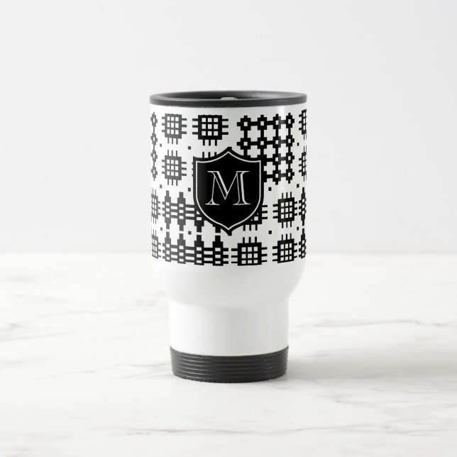 Imitate Welsh Tapestmuster Monogramm Schwarz, Weiß Reisebecher (Mittel)
