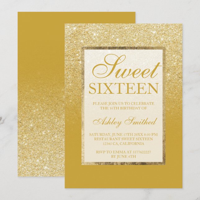 ImitatgoldGlitterzitronencurry Chic Bonbon 16 Einladung (Vorne/Hinten)