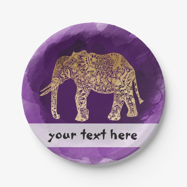 Imitatgoldstammes- Elefant lila Brushstroke Pappteller (Vorderseite)