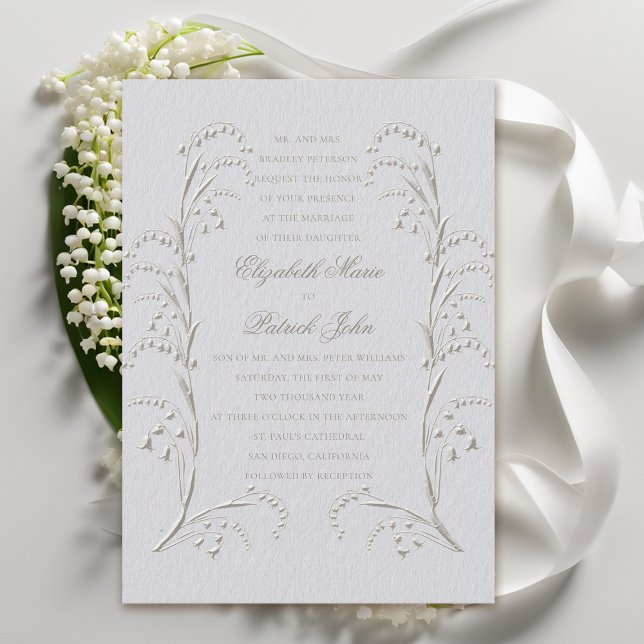 Imitats besetzt Lily Valley Elfenbeinküste Festlic Einladung (formal wedding invitation classic traditional faux embossed lily of the valley frame ivory)