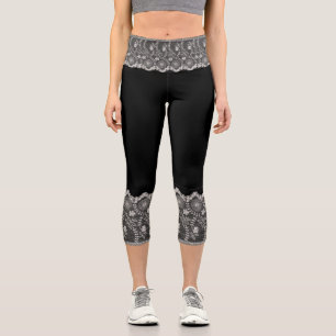 Imitats Black Rose Lace Fishnet - Romantisches Ele Capri Leggings