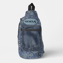 Imitats Blue Suede und Western Blue Paisley Sling  Crossbody Bag