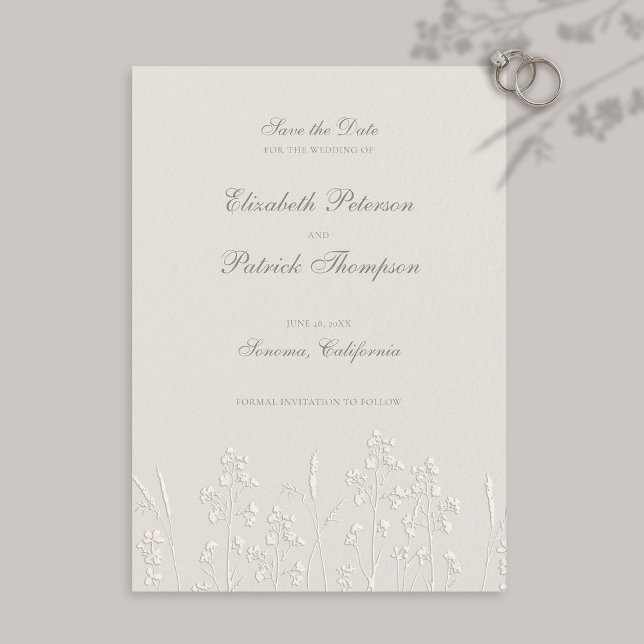 Imitats Embossed Wildblumen Ecru feierliche Hochze Save The Date (formal traditional wedding save the date faux embossed wildflowers elegant modern classic ecru)