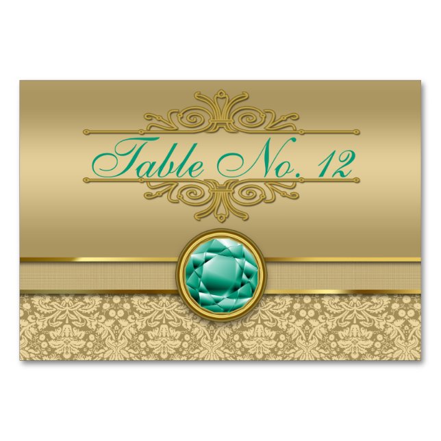 Imitats Emerald Green Gemstone Metallic Gold Damas Tischnummer (Vorderseite)